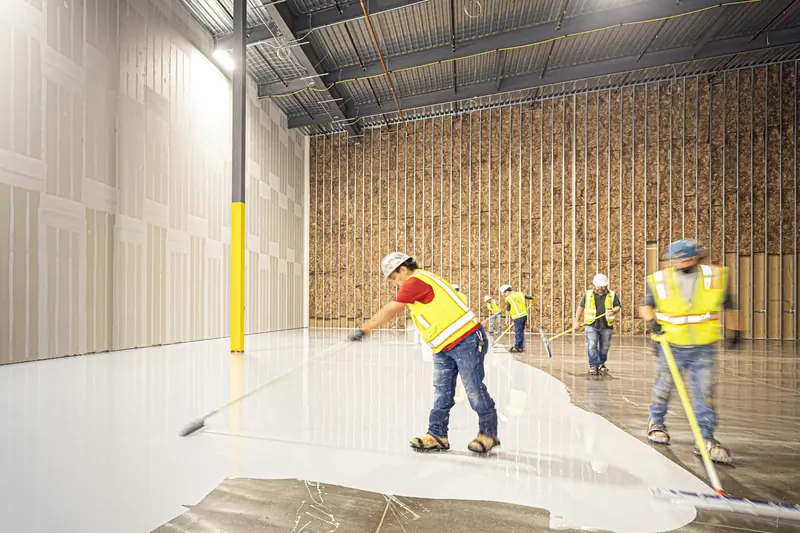Commercial painting in Savannah: crew in hard hats and safety vests coating a warehouse floor